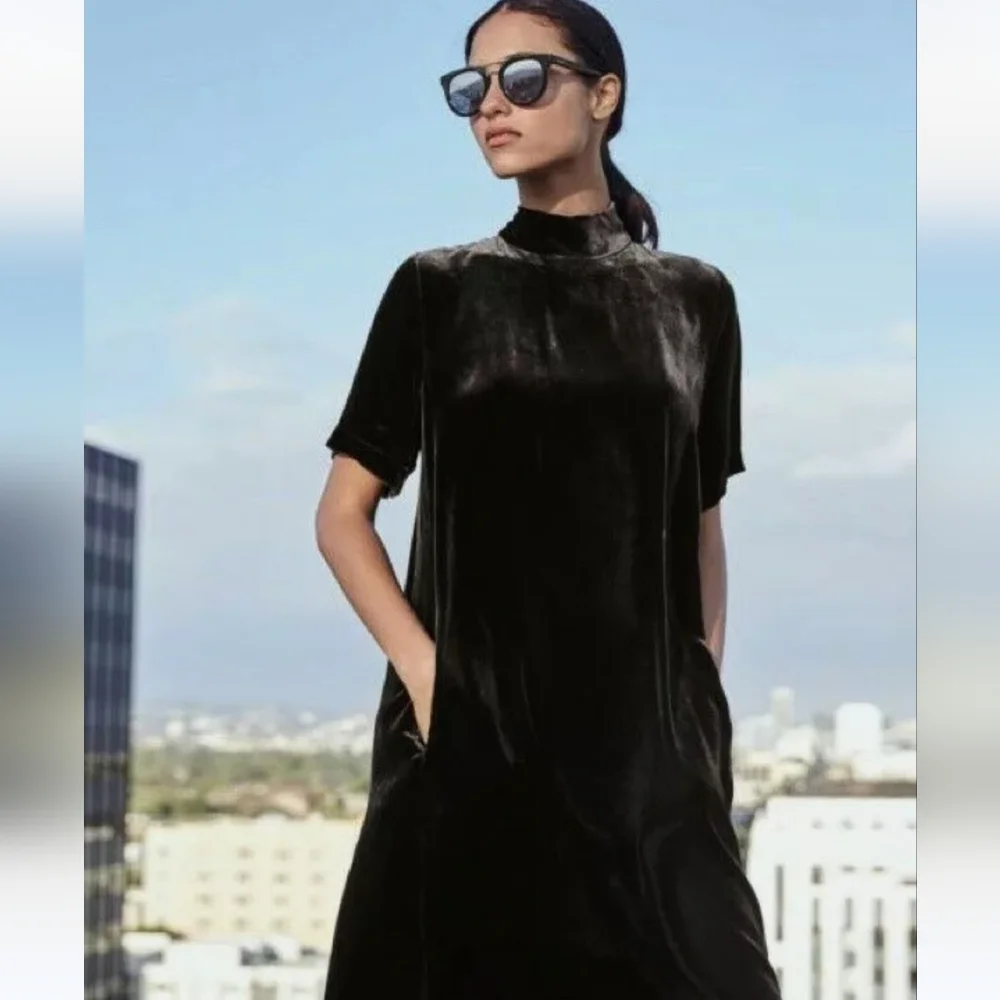 EILEEN FISHER Velvet Mock Neck Velour Tie Back Silk Blend Dress NWT Size… - Picture 2 of 9